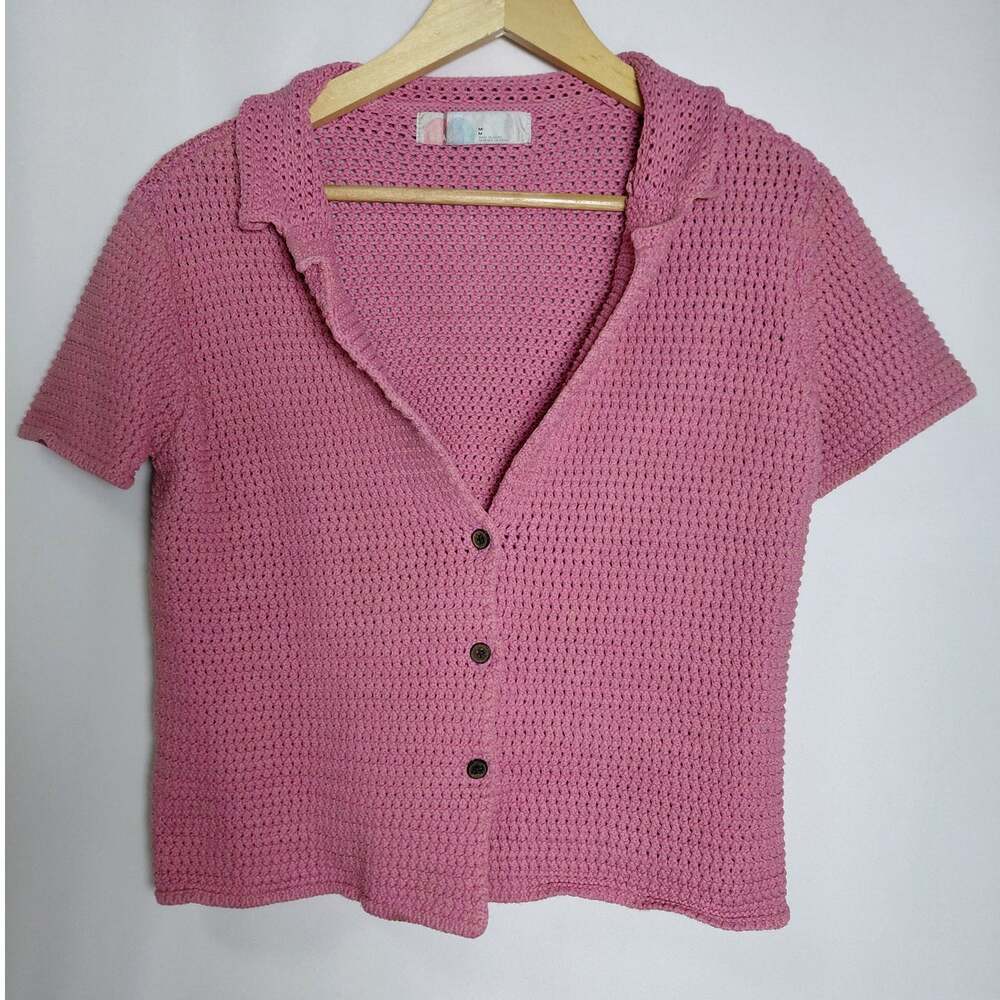FP BEACH Pink Knit Button-Up Top Solid Short Sleeve Women Size M